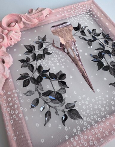 Crystal Ball Lovers
2024
10" x 10" (h x w)
Sequin film, acetate, acrylic paint, thread, illusion fabric, pine frame with oak detail
*Sold