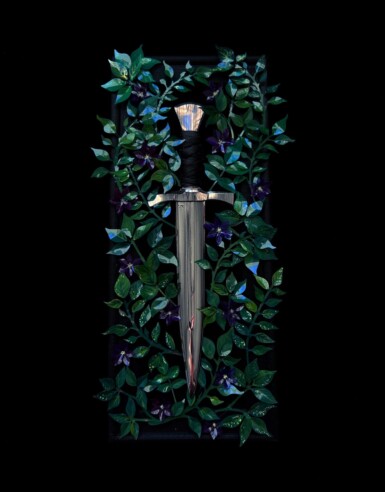 Kraken
2023
12" high x 5" wide
Sequin film, hand-painted acetate, leather, acrylic paint, felt, resin beads, illusion, pine frame
*Sold