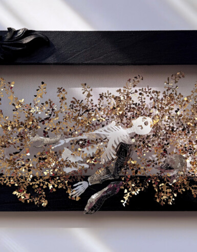 I Swear, I Just Laid Down Here For A Moment...
2024
16.25" wide x 8" high
Hand-hammered filigree sequin film, yupo, thread, illusion, pine frame with oak detail