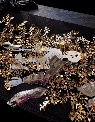 I Swear, I Just Laid Down Here For A Moment... - detail
2024
16.25" wide x 8" high
Hand-hammered filigree sequin film, yupo, thread, illusion, pine frame with oak detail