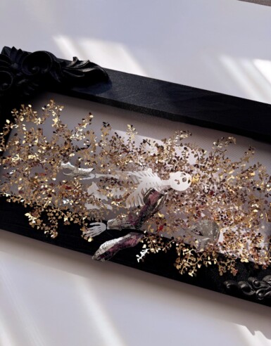 I Swear, I Just Laid Down Here For A Moment... - detail
2024
16.25" wide x 8" high
Hand-hammered filigree sequin film, yupo, thread, illusion, pine frame with oak detail