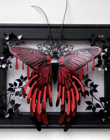 Magnum Sanguinem Tinea
2024
10" wide x 8" high x 2" deep
Sequin film, acetate, feathers, felt, glass beads, enamel paint, illusion, pine frame
*Sold