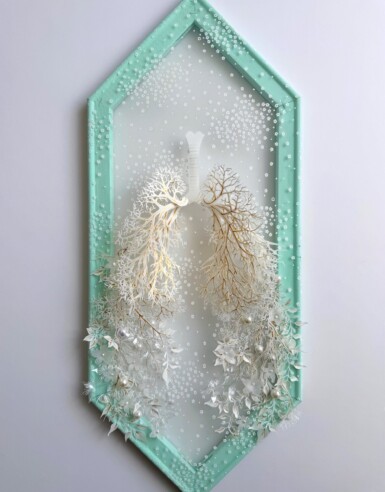 Mouth Bones
2024
24.5” x 10.25” (h x w)
Sequin film, acetate, acrylic paint, thread, gold & resin beads, pine frame with oak detail