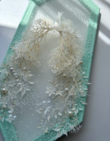 Mouth Bones - detail
2024
24.5” x 10.25” (h x w)
Sequin film, acetate, acrylic paint, thread, gold & resin beads, pine frame with oak detail