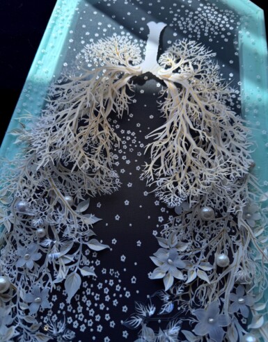 Mouth Bones - detail
2024
Mouth Bones
2024
24.5” x 10.25” (h x w)
Sequin film, acetate, acrylic paint, thread, gold & resin beads, pine frame with oak detail