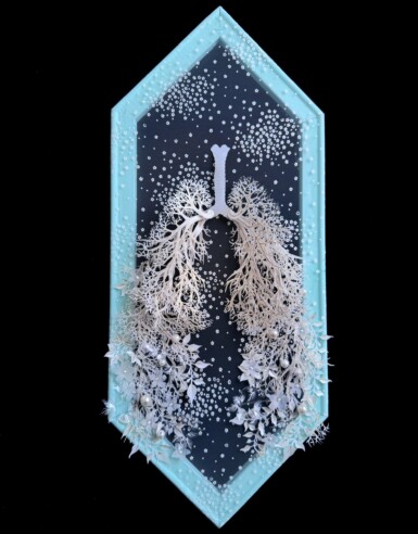 Mouth Bones
2024
24.5” x 10.25” (h x w)
Sequin film, acetate, acrylic paint, thread, gold & resin beads, pine frame with oak detail