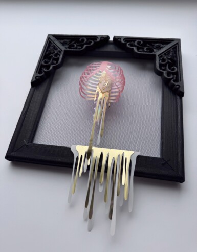 Pour Some Sugar On Me - detail
2024
10.75" tall x 8" wide x 3.5" deep
Sequin film, yupo, thread, felt, illusion, pine frame with oak detail
*Sold