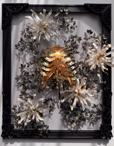 Problem Child
2024
20” x 16” (h x w)
Sequin film, acetate, acrylic paint, thread, gold & resin beads, pine frame with oak detail