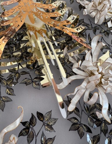 Problem Child - detail
2024
20” x 16” (h x w)
Sequin film, acetate, acrylic paint, thread, gold & resin beads, pine frame with oak detail