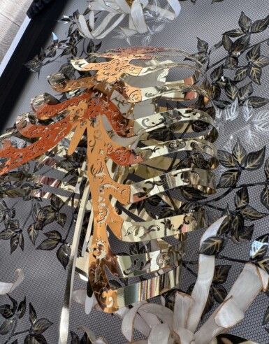 Problem Child - detail
2024
20” x 16” (h x w)
Sequin film, acetate, acrylic paint, thread, gold & resin beads, pine frame with oak detail