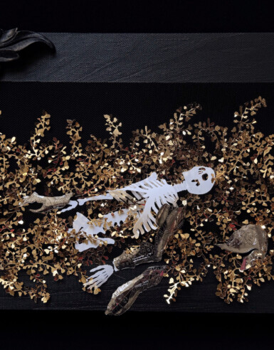 I Swear, I Just Laid Down Here For A Moment...
2024
16.25" wide x 8" high
Hand-hammered filigree sequin film, yupo, thread, illusion, pine frame with oak detail