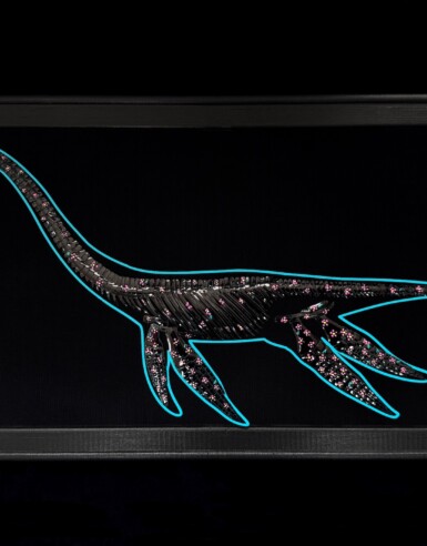 🔴 sold - Bricht Stern Beasties, We're Floating In Space
2025
24" x 13" (w x h)
Sequin film, htv, acrylic paint, thread, illusion fabric Bricht Stern Beasties, We're Floating In Space