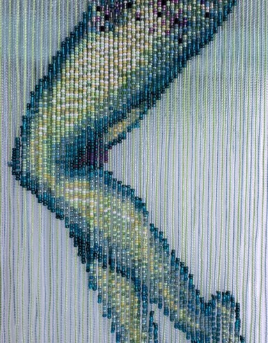 Ladies Love It When You Can Traverse The Space
2025
20″ x 8″ x 1.5″ (h x w x d)
Sequin film, mother of pearl shell, sequins, glass and resin beads, felt, thread Ladies Love It When You Can Traverse The Space