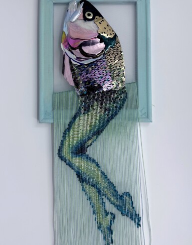 Ladies Love It When You Can Traverse The Space
2025
20″ x 8″ x 1.5″ (h x w x d)
Sequin film, mother of pearl shell, sequins, glass and resin beads, felt, thread Ladies Love It When You Can Traverse The Space