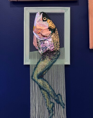 Ladies Love It When You Can Traverse The Space
2025
20″ x 8″ x 1.5″ (h x w x d)
Sequin film, mother of pearl shell, sequins, glass and resin beads, felt, thread Ladies Love It When You Can Traverse The Space