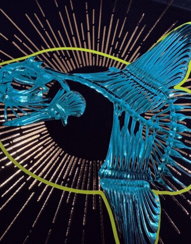 Useless But Unstoppable
2025
Size: 14 x 11 inches (w x h)
Materials: sequin film, thread, htv, acrylic paint, illusion fabric Useless But Unstoppable