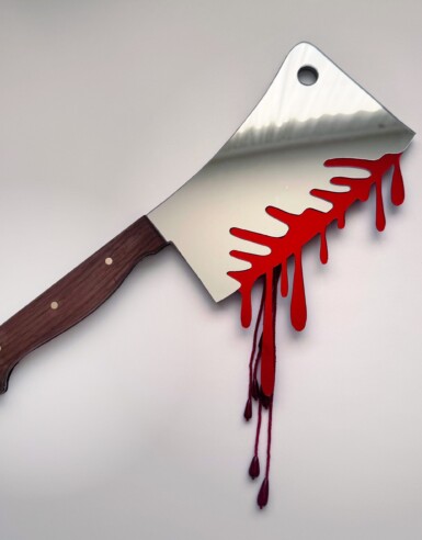 Ambush Blood Test
2025
14" long. The blade is 7.5" long and 5" wide. Including the blood drips – both beaded and acrylic – the height of the piece hanging at the right angle is 13.5"
Acrylic mirror, walnut, brass, thread, beads, paint, pine Ambush Blood Test