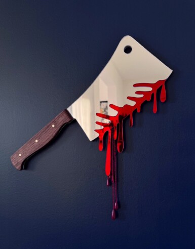 Ambush Blood Test
2025
14" long. The blade is 7.5" long and 5" wide. Including the blood drips – both beaded and acrylic – the height of the piece hanging at the right angle is 13.5"
Acrylic mirror, walnut, brass, thread, beads, paint, pine Ambush Blood Test